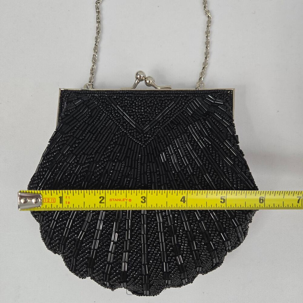 Antique Art Deco Black Beaded Clamshell Clutch Purse Snap Closure Chain Strap - Picture 11 of 14